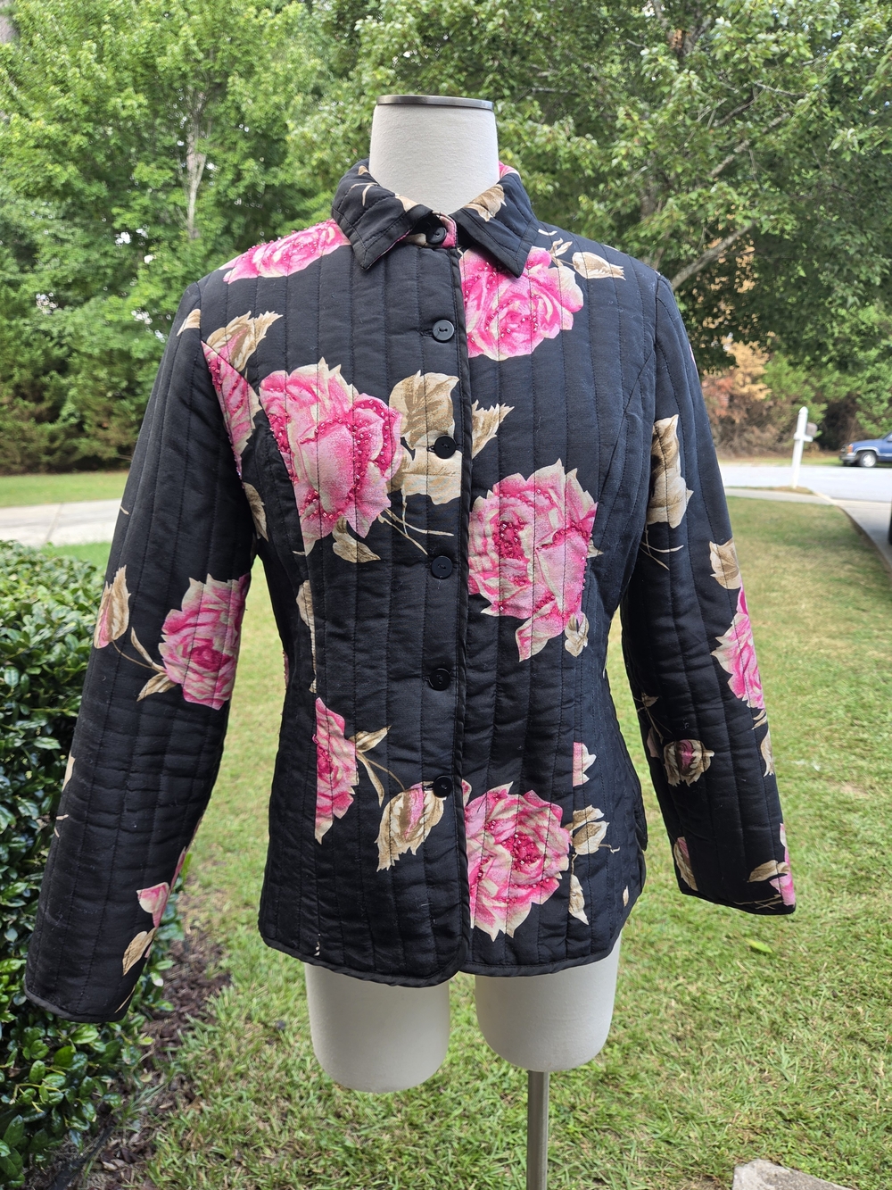 Carole Little Black Quilted Jacket with Pink Rose Print